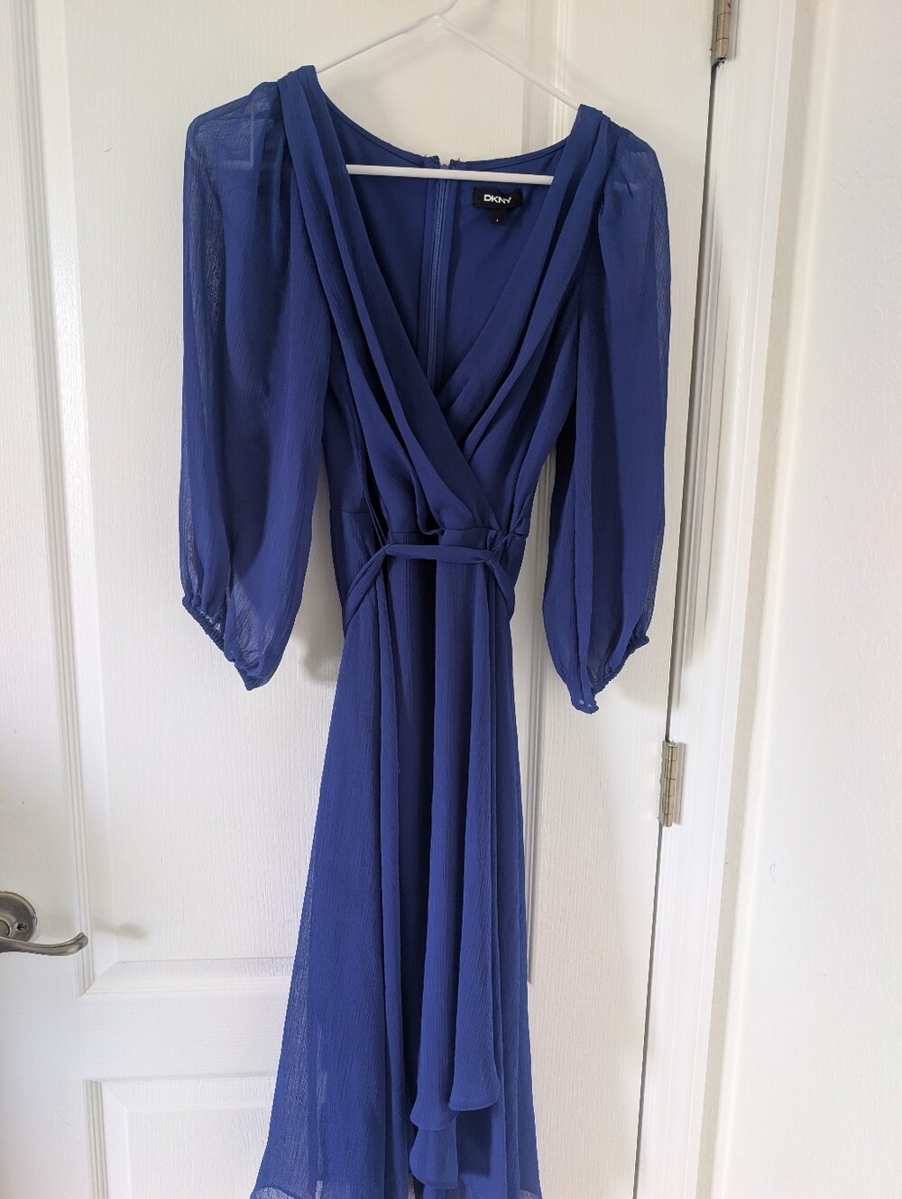 DKNY CHIFFON BALLOON  SLEEVE FAUX WRAP DRESS ROYAL BLUE  SIZE 4